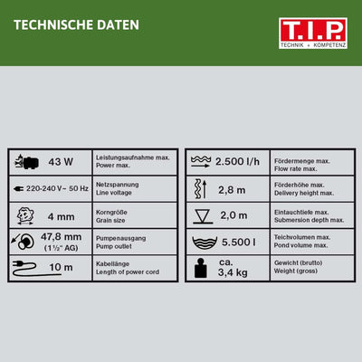 T.I.P. Multifunktions-Teichpumpe Wasserspiel Filter Bachlauf Springbrunnen WPF 2500 S (bis 2.500l/h