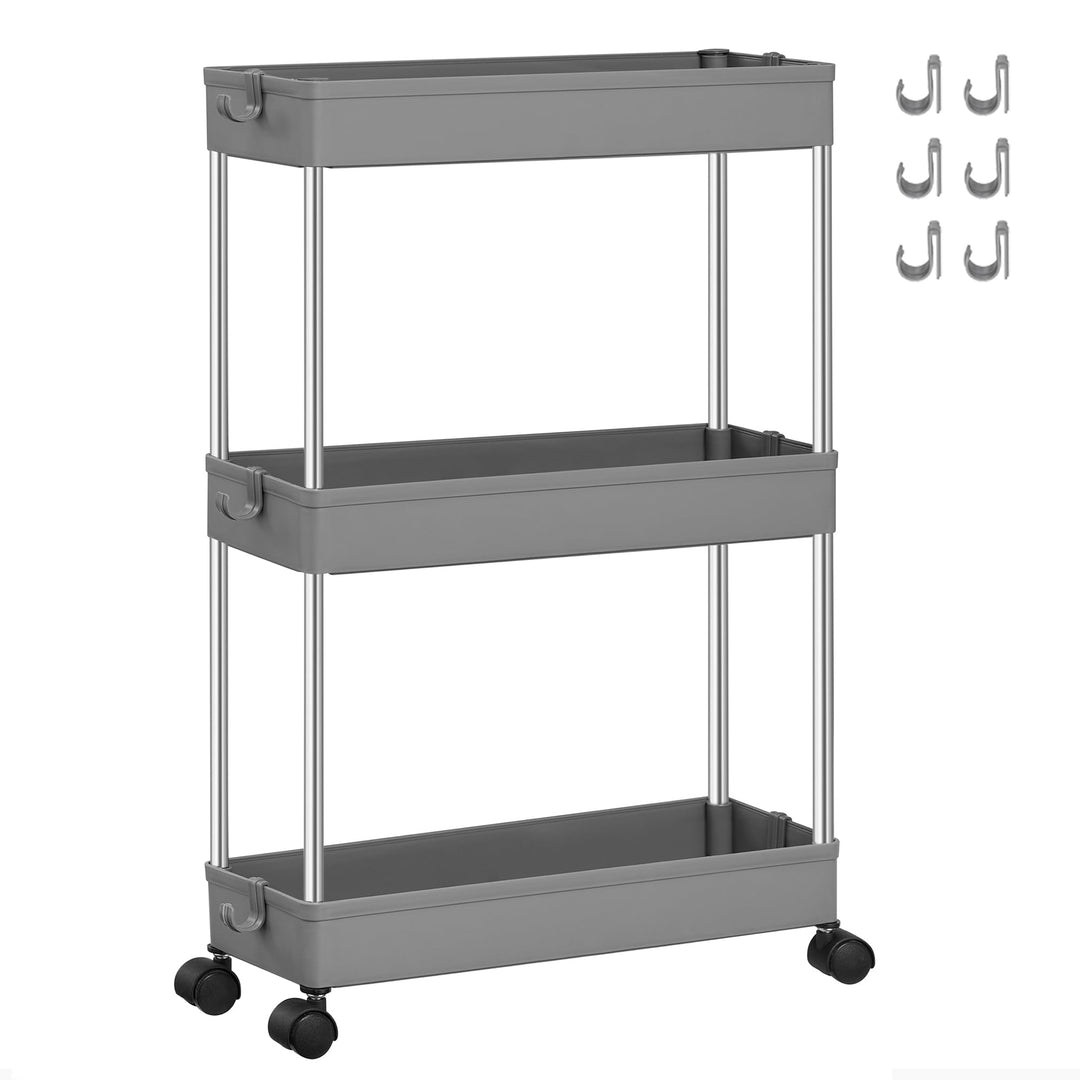 SONGMICS Rollwagen, Küchenwagen, Küchenregal, Nischenregal, mit 6 Haken, 360° drehbare Räder, Stahlg