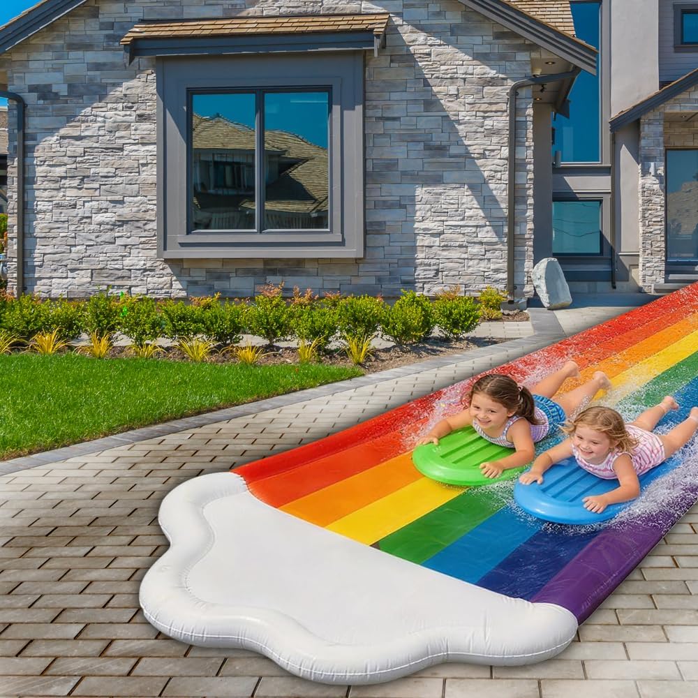 Wasserrutsche Garten Für Kinder, 480x140 cm Doppelrutsche Mit Eingebautem Sprinkler, Double Water Sl