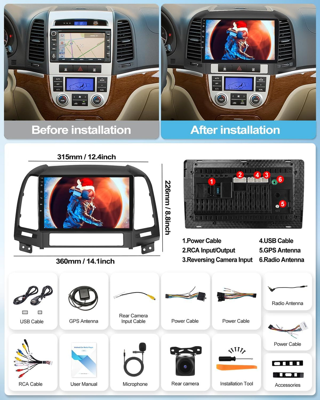 4G+64G CAMECHO Android 15 Autoradio für Hyundai Santa Fe 2006-2012 mit Navi Carplay Android Auto, Do