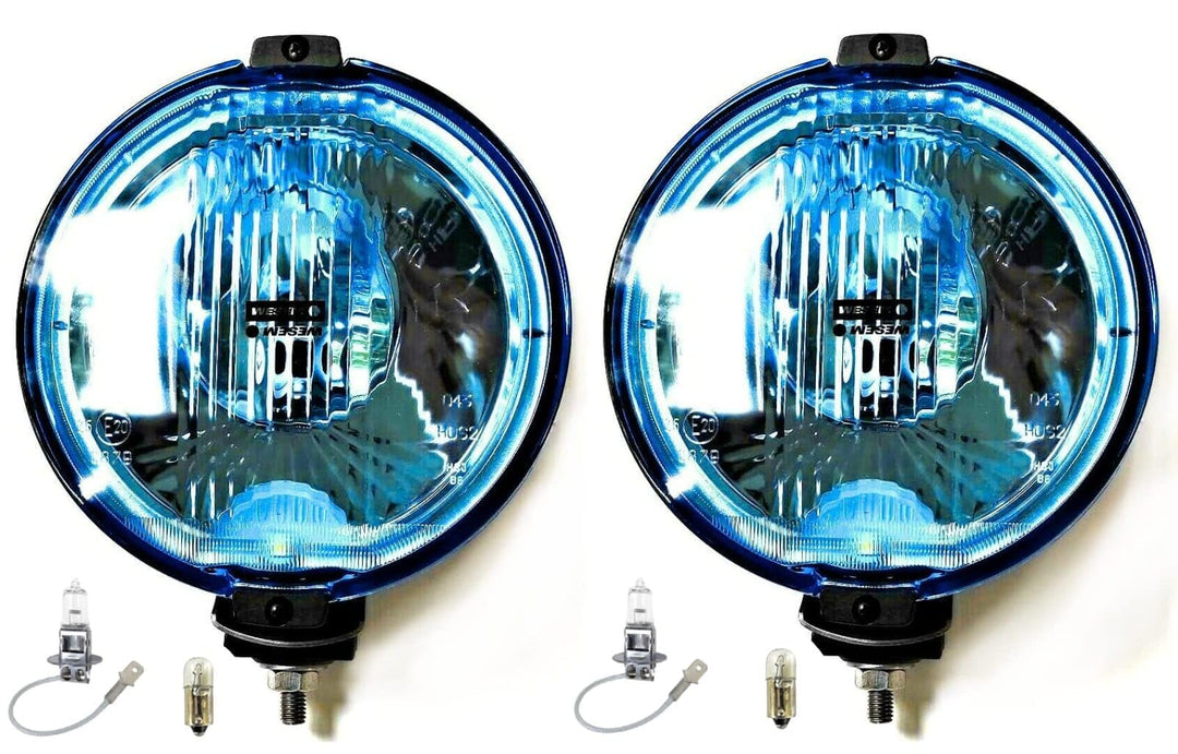 MelTruck® 2x Fernscheinwerfer H3 Halogen 24V Blau Rund E20 LED Ring Positionsleuchte mit Glühbirnen
