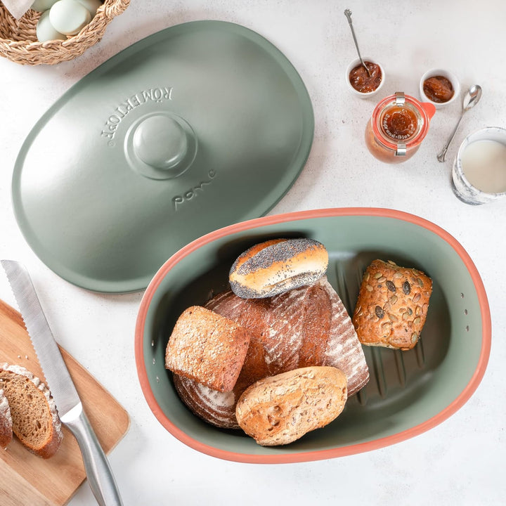 Römertopf Brottopf oval MAXI 6,5 Liter - Brotkasten Grün aus Keramik - Atmungsaktiver Tontopf für la