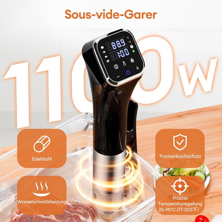 Obecilc 1100W Smart Sous-Vide-Garer mit WLAN-App, Umwälzthermostat ±0,1°C, 4D-Heizsystem, Temperatur