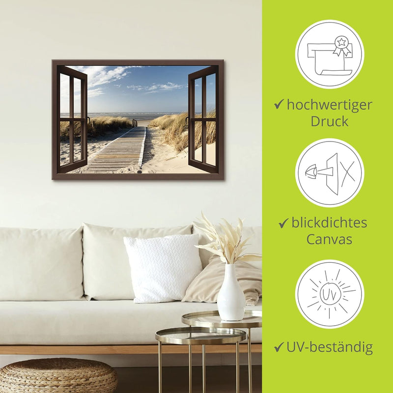 Artland Leinwandbild Wandbild Bild auf Leinwand 70x50 cm Wanddeko Fensterblick Fenster Strand Meer M