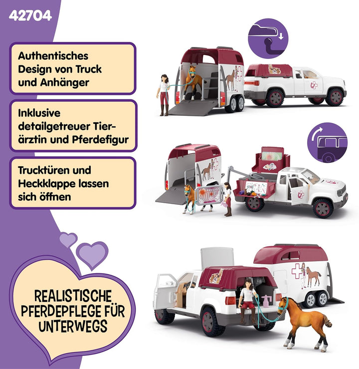 schleich HORSE CLUB | Mobile Tierärztin mit Anhänger 42704 | Set aus Pick-up & Anhänger, 1 Pferd, be