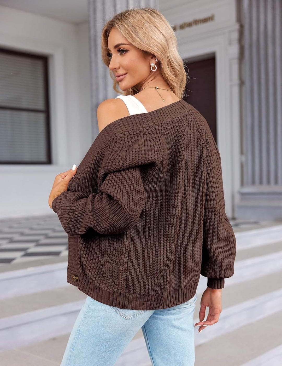 Hotouch Strickjacke Damen Kurz Strick Cardigan V-Ausschnitt Knopfleiste Open Front Sweater Elegant C