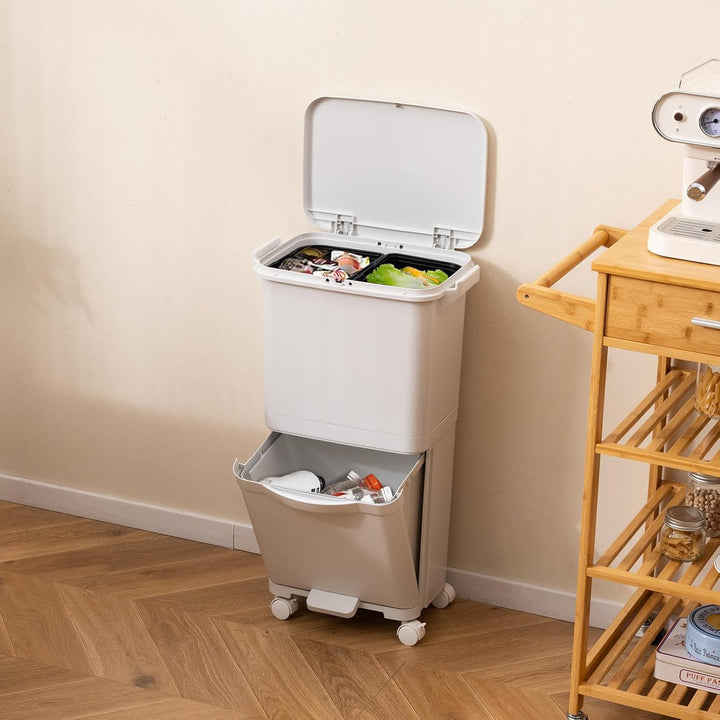 LIFEZEAL 36 L Abfalleimer Küche, Mülleimer auf Rädern mit 2 Ebenen, Abfallbehälter mit Pedal & neigb