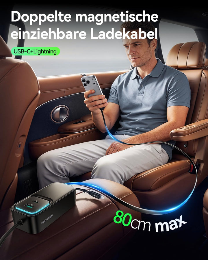Rocoren 6 IN 1 Zigarettenanzünder USB 135W Auto Ladegerät Einziehbares SchnellLadegerät Adapter, 12V