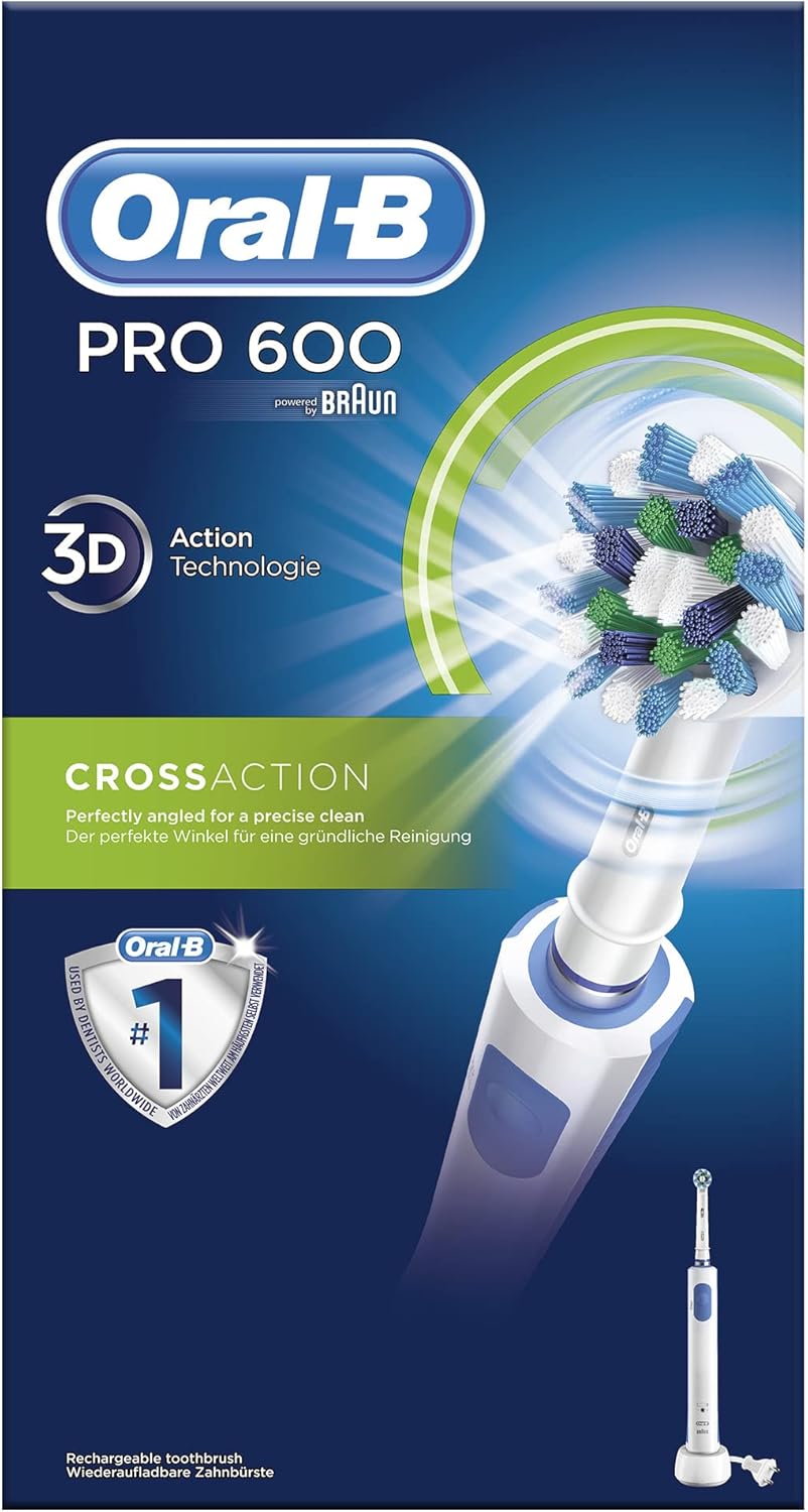 Oral-B PRO 600 CrossAction Elektrische Zahnbürste mit Timer, Cross Action, Weiss, Pro 600