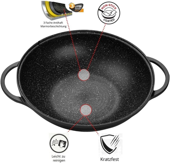 Cheffinger Wok Wokpfanne Woktopf Silikongriffe Induktion 36cm Aluguss Deckel