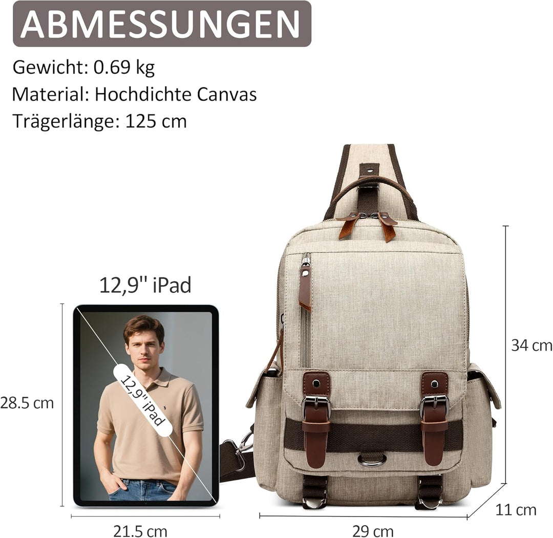 DORRISO Brusttasche Herren Mode Grosse Kapazität Schultertasche für 10,9 Zoll iPad mit Griff Mehrere