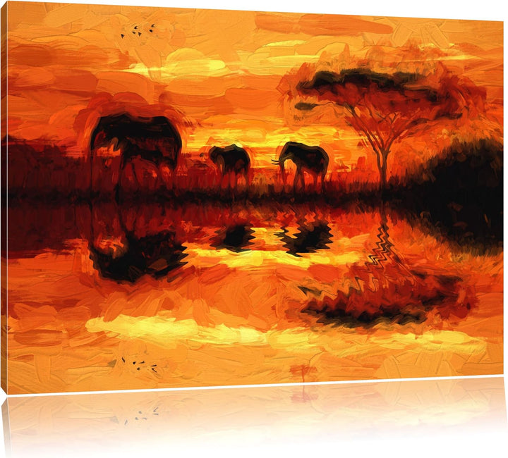 Pixxprint Elefantenam Wasser im Sonnenuntergang Pinsel Effekt, Format: 100x70 auf Leinwand, 100x70