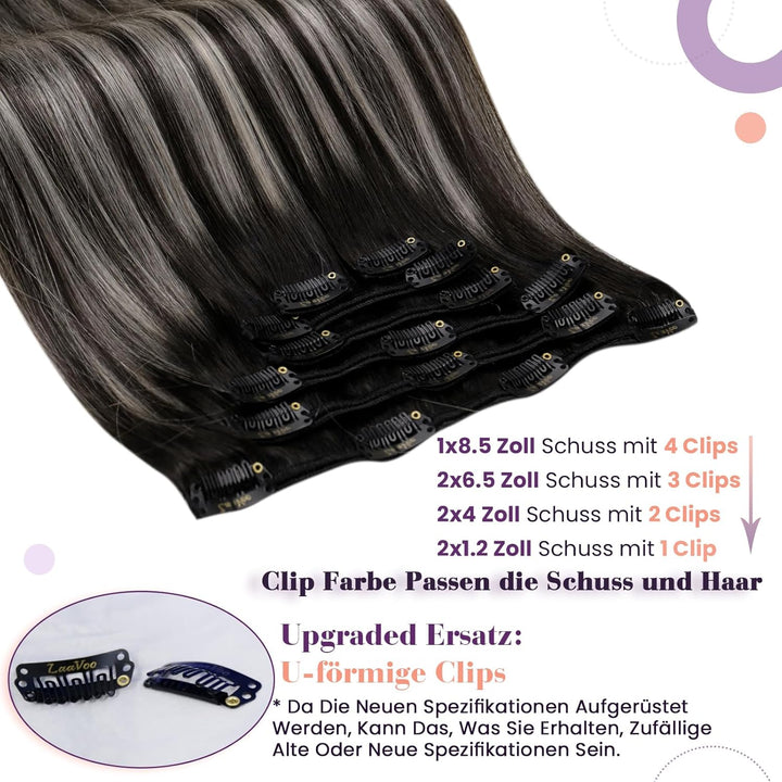 LaaVoo Ombre Extensions Echthaar Clip in Schwarz Balayage Silber Clip in Extensions Echthaar Dicke H