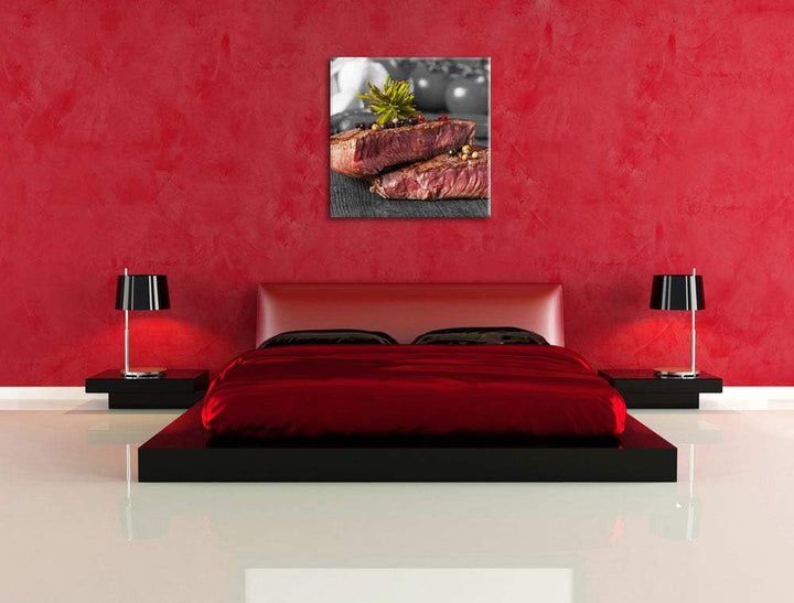 Pixxprint Leckeres Pfeffer Steak Medium als Leinwandbild/Grösse: 70x70 cm/Wandbild/Kunstdruck/fertig
