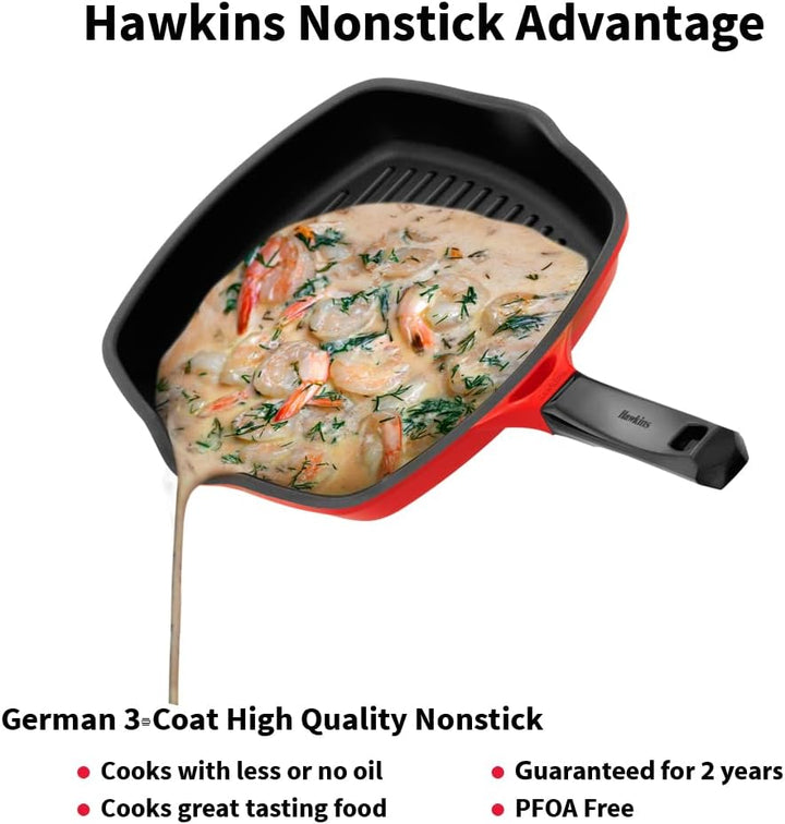 HAWKINS DCGP30G Grillpfanne mit Glasdeckel, 30 cm, Rot, Glasdeckel