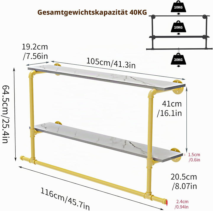 unho Kleiderstange zur Wandmontage, Wandgarderobe mit 2 Ablage im Industrierohrstil, Wandgarderoben
