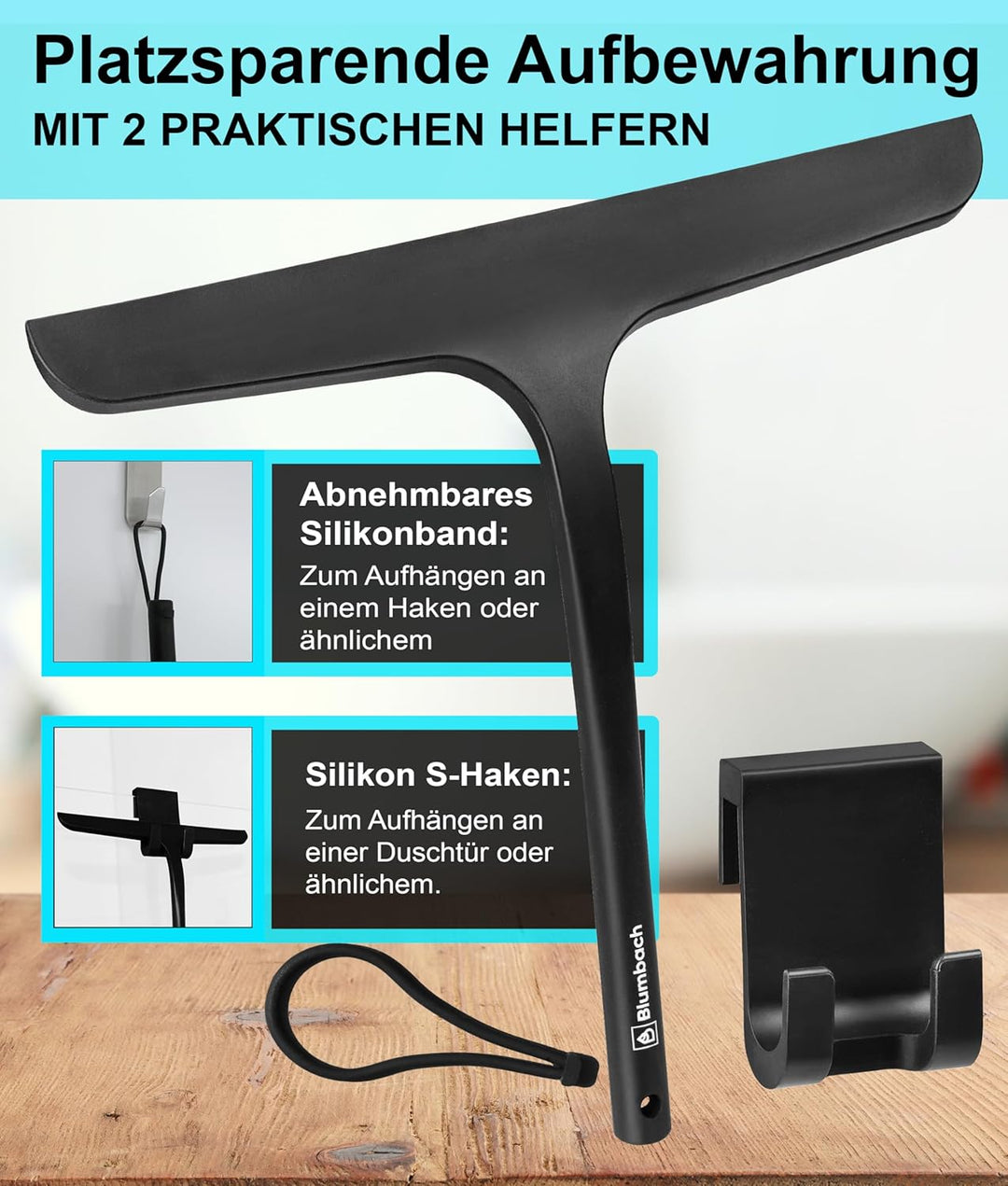 Duschabzieher schwarz, BLUMBACH® Abzieher Dusche mit Halterung 28 cm breit, Fensterabzieher Silikon