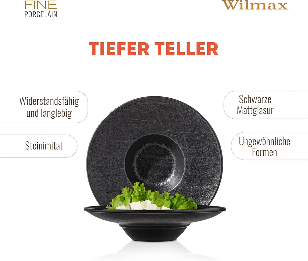 Wilmax | Tiefe Schalen - 2 Stück 27 cm / 250 ml | Schwarze Pastateller | Natursteintextur | Für Past