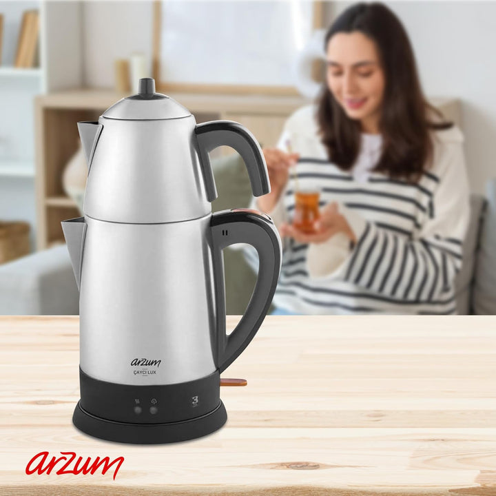 ARZUM Cayci Lux Inox Teemaschine, türkische Teekanne, Rostfreier Stahl, 0,7 lt Topfinhalt, 1,8 lt Ka