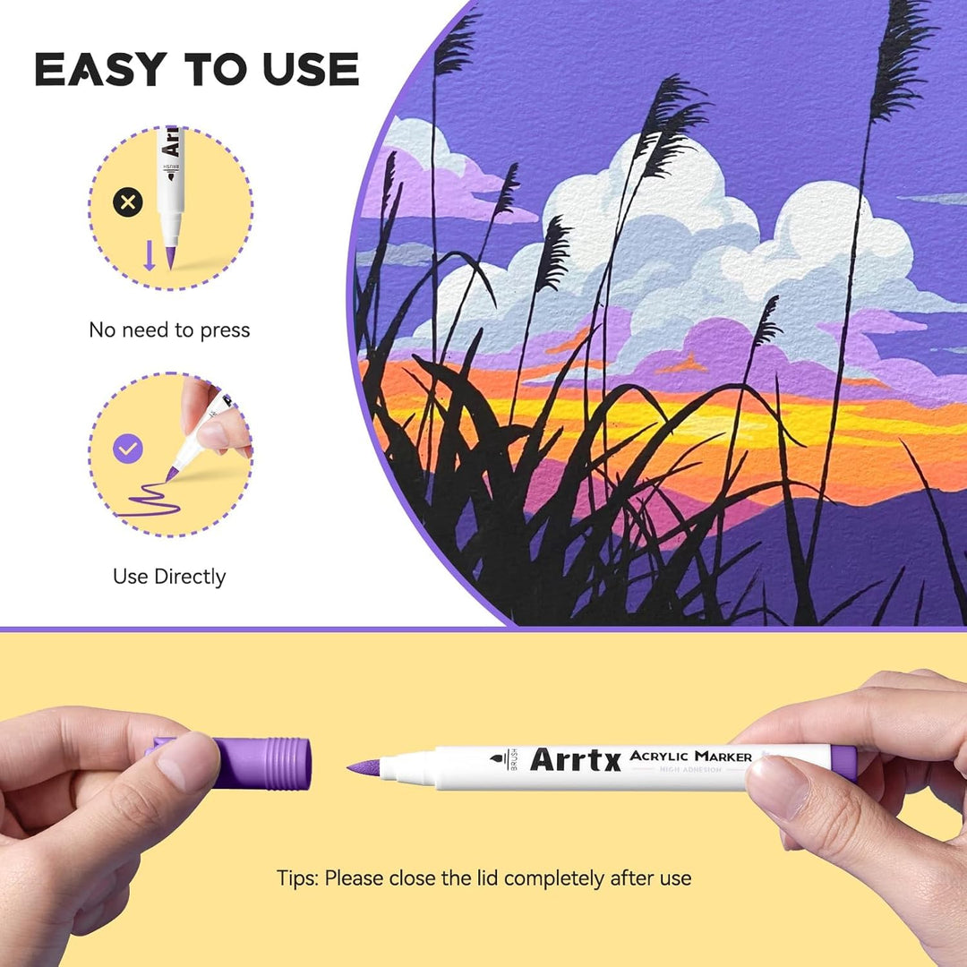Arrtx Acrylfarbstift, 48E Farben, Acrylmarker für Steinmalerei, Pinselspitze, Farbmarker, Kunstbedar