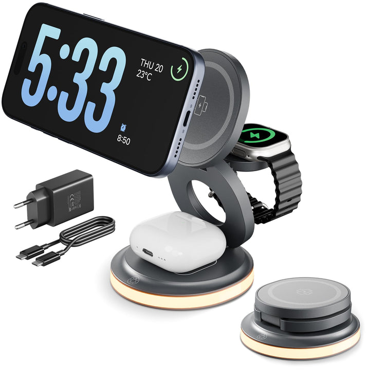 3-in-1 Ladestation Apple Watch und iPhone, 15W Ladegerät für Magsafe mit Nachtlicht Kompatibel mit i