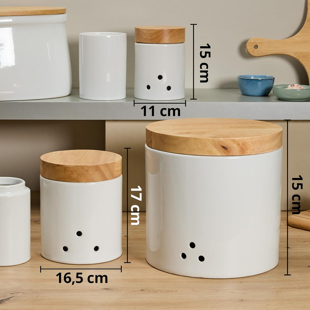 KHG Vorratsdosen Set Kartoffel-, Zwiebel- & Knoblauch, Keramik Steingut Weiss Holz-Deckel Bambus, Vo