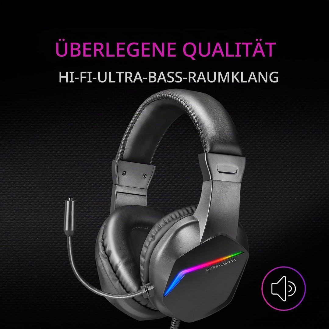 Mars Gaming Gaming MH122, FRGB Over Ear Kopfhörer mit Mikrofon, HiFi Sound, Geräuschunterdrückung, U