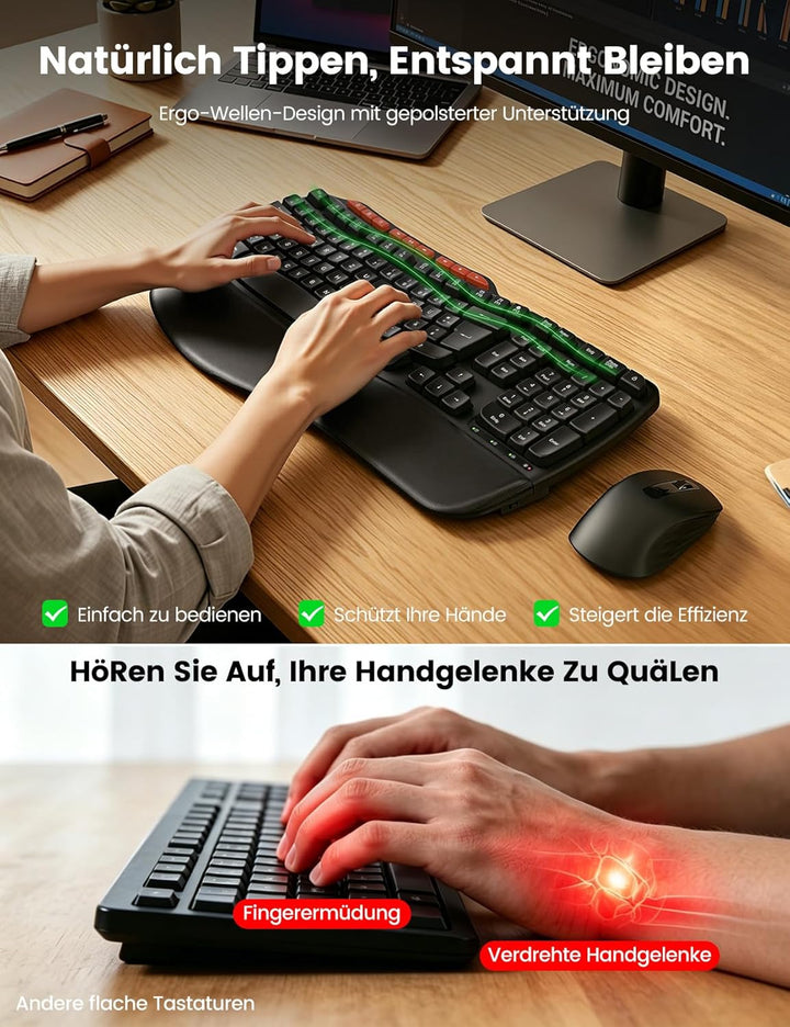 Tastatur Maus Set Kabellos, 2,4GHz Wave Tasten in Voller Grösse, Ergonomische Tastatur mit Gepolster
