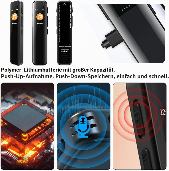 Diktiergerät Mini 64GB, Aufnahmegerät, Digitales Diktiergerät, Diktiergerät Digital mit Wiedergabe,
