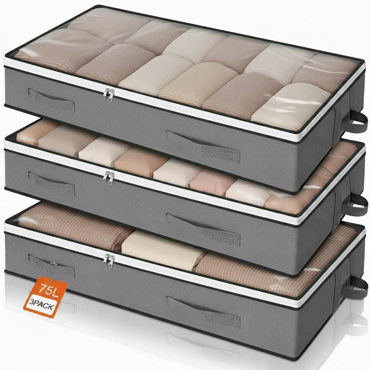 Romon Unterbett Aufbewahrungsbox Unterbettkommode, 3 Stück Bettkasten 75L Faltbare mit Reissverschlü