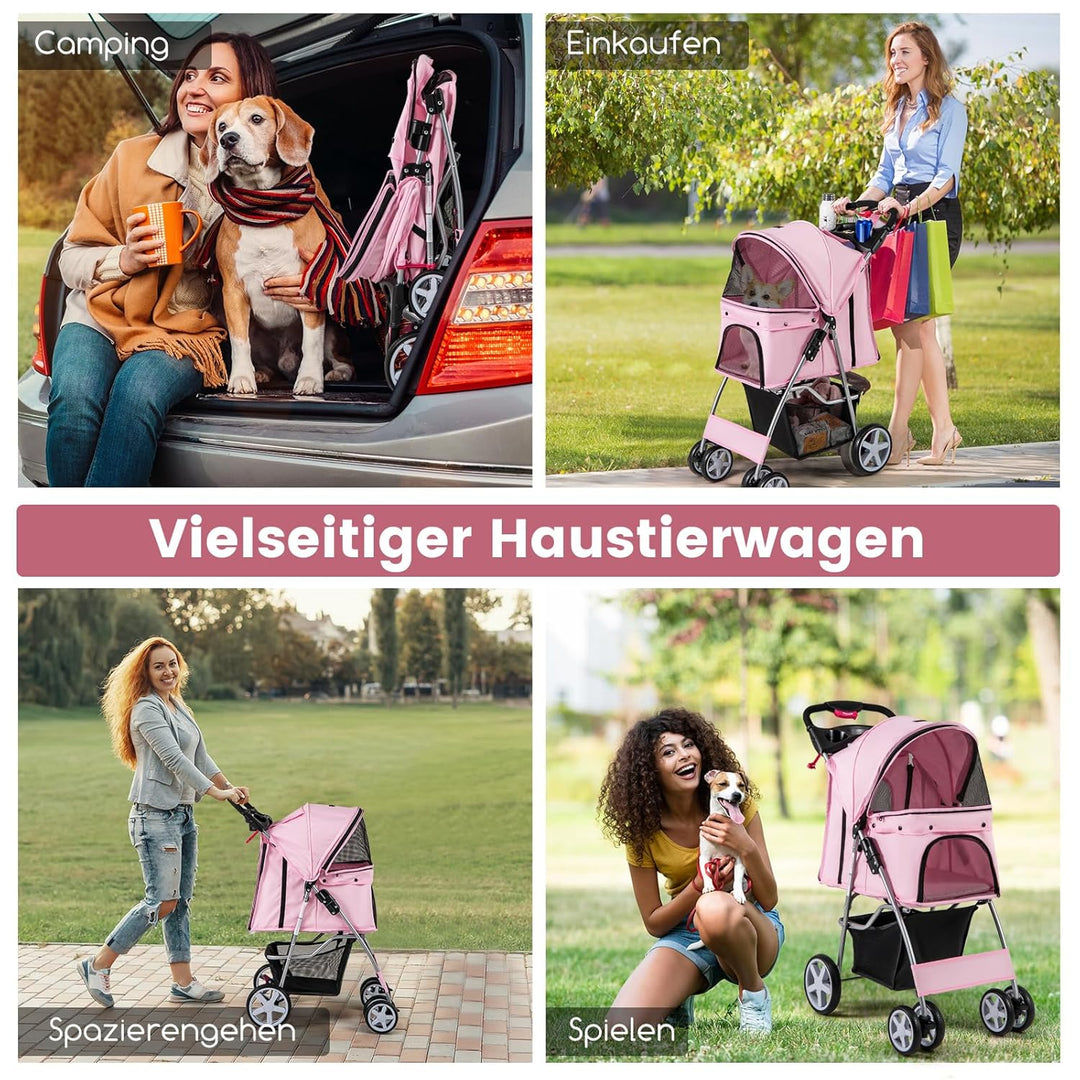 COSTWAY Hundewagen Haustiere Buggy, bis 15 kg, Hundebuggy mit Netzfenstern & Getränkehalter & Korb &