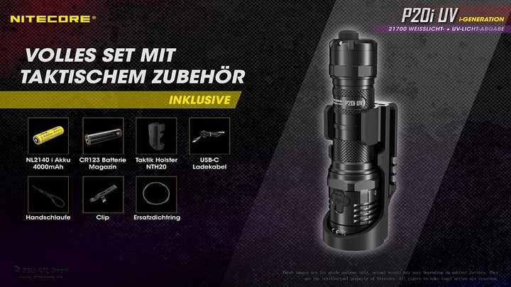 Nitecore Taschenlampe P20i UV - Taktische Akku-Taschenlampe mit 1.800 Lumen & UV-Licht - USB-C aufla