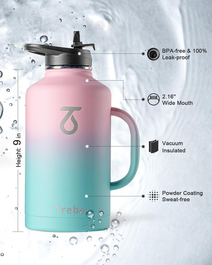 Trebo 1,8 l Wasserflasche isoliert mit Strohhalm und 2 Deckeln, doppelwandig, Vakuum, Edelstahl, Met