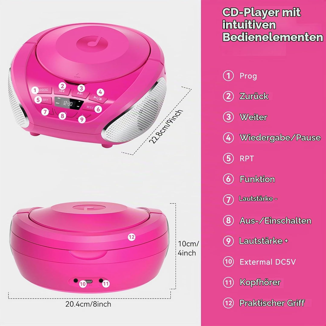 Gueray CD Player Tragbar Boombox Radio mit CD-Player CD Spieler mit Lautsprecher Display Unterstützu