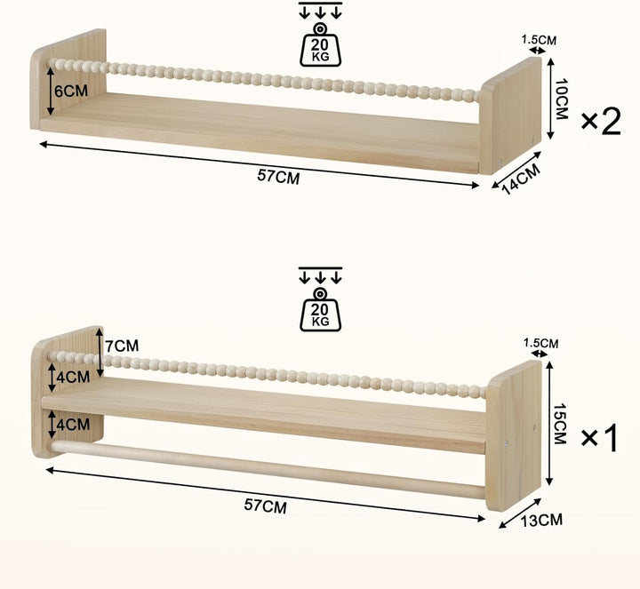 WOLTU 3er Set Kinder Bücherregal Wand, 60cm Wandregal Kinderzimmer, aus Massivholz, Hängeregal Schwe