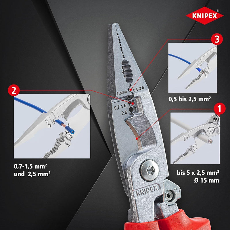 KNIPEX Elektro-Installationszange, VDE, Öffnungsfeder, Kabelschneiden, Abisolieren, Crimpen von Ader