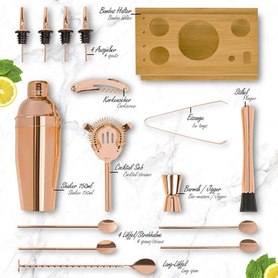 ONVAYA® Cocktail Set in Rosé-Gold | Cocktail Geschenkset mit Bambus-Halter | Cocktail Shaker Set | p