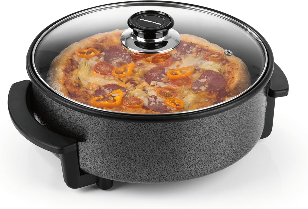 GOURMETmaxx elektrische Pizza-Pfanne mit Thermostat, Glasdeckel & Antihaftbeschichtung | Multifunkti