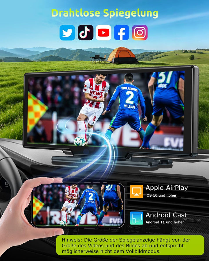 ESSGOO 10.26 Zoll Kabelloses CarPlay Display mit 4K Dashcam 1080P Rückfahrkamera Drahtloser Apple Ca