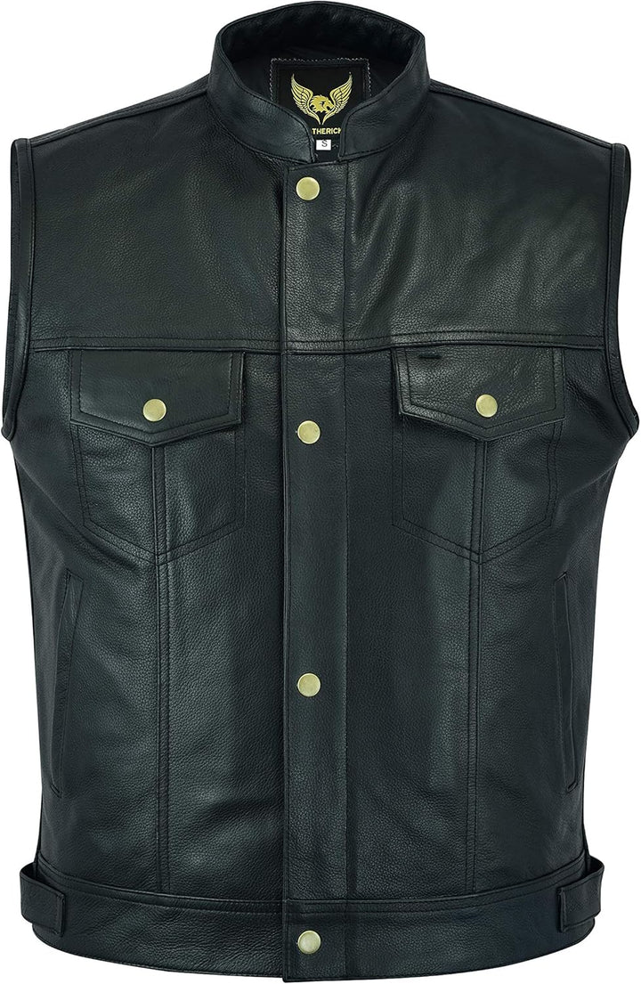 Leatherick Herren Biker Weste aus echtem Leder mit offenen Knöpfen für Reiten und modische Weste (4X