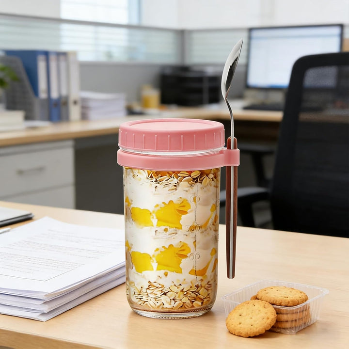 Müslibecher to go 600ml,Glas Müslibecher, joghurtbecher to go mit Deckel und Löffel,Müsli Cup to Go