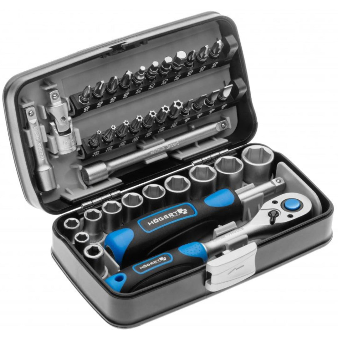 Högert Technik - Werkzeugset I Steckschlüssel, Bits und Ausstattung 1/4” I Legiertem Chrom-Vanadium-