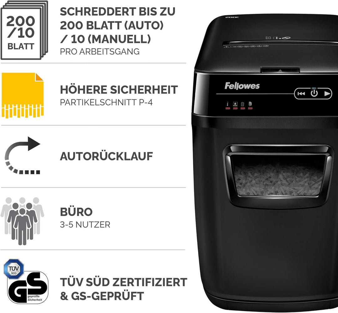 Fellowes Autofeed Aktenvernichter Automax™ 200C, 4 x 38 mm Partikelschnitt (P-4), 200 Blatt, für 1-3
