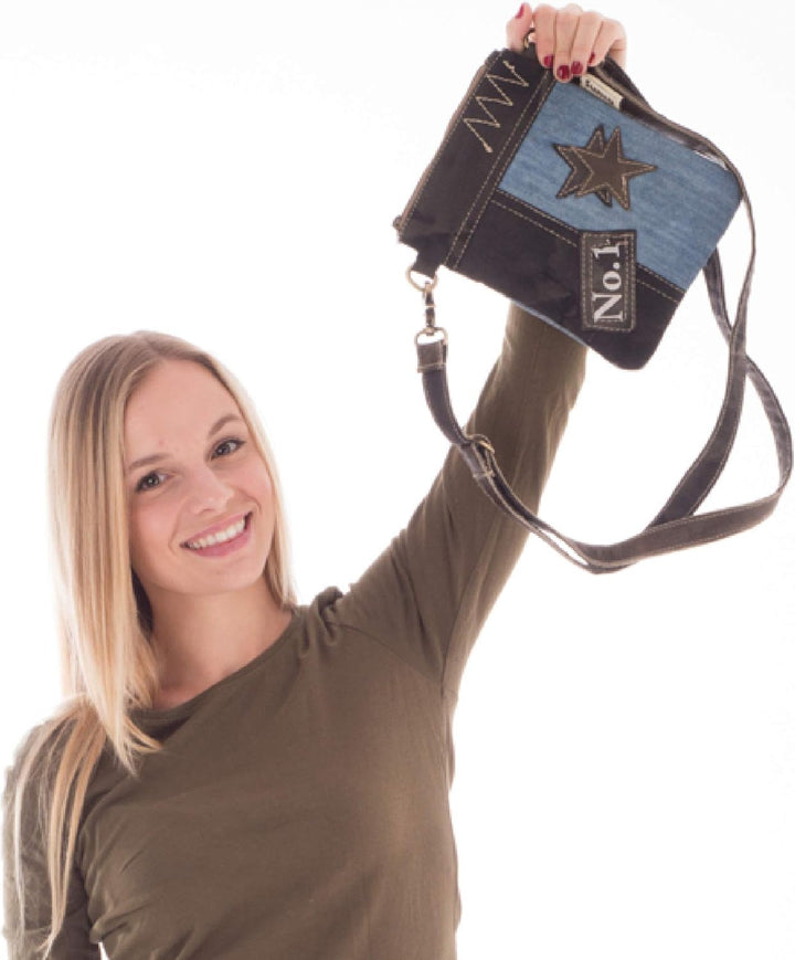 Sunsa Damen kleine Umhängetasche. Nachhaltige Tasche aus recycelte Jeans &amp; Leder. Crossover bag in V