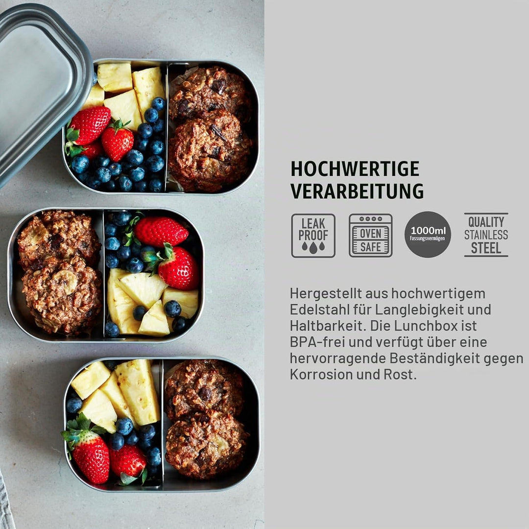 BLACK + BLUM Lunchbox Edelstahl 1L | Olive | 3-in-1 | Vakuumverschluss- 100% auslaufsicher | inkl. G