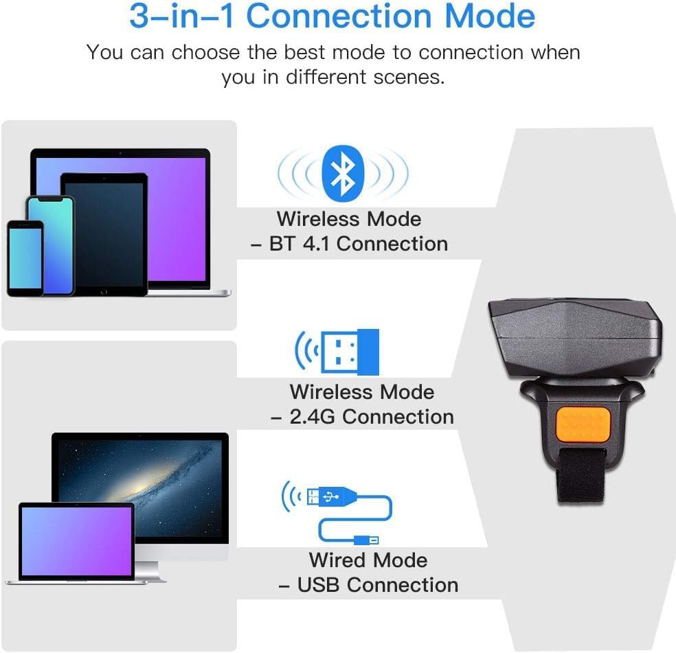 Eyoyo Wearable Finger Ring Barcode Scanner, 3-in-1 Mini USB Wired & 2.4G Wireless & Bluetooth Scanne