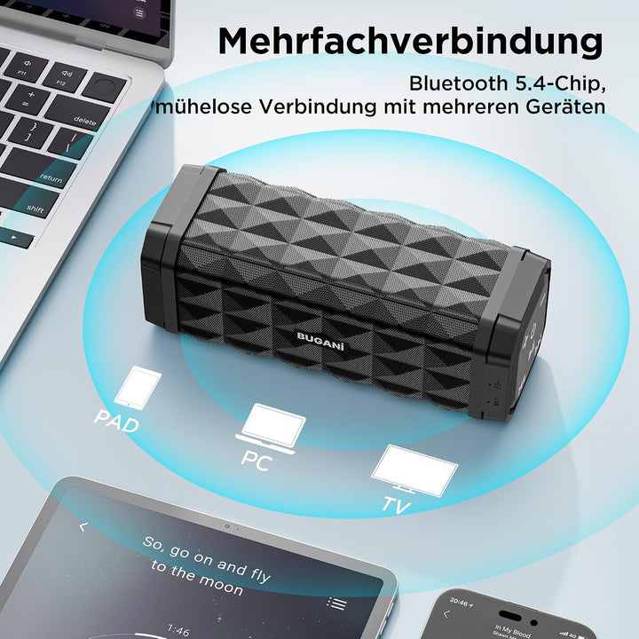 BUGANI Bluetooth Lautsprecher, Musikbox Bluetooth mit 5.4, 24H Stunden Akku, Bass-Treibern, IPX5 Was