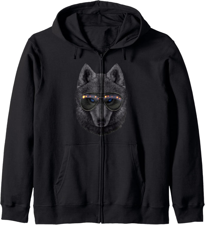 Schwarzer Wolf, die Fliegersonnenbrille trägt Kapuzenjacke