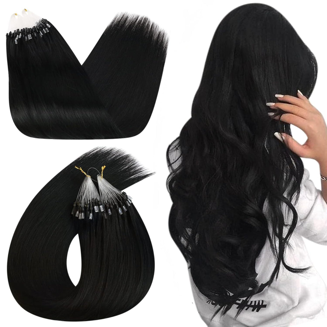 Ugeat Micro Extensions Echthaar Schwarz 1g/Strähnen Haarverlängerung mit Microrings Farbe 1 Schwarz