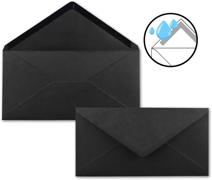 150 Brief-Umschläge Schwarz DIN Lang - 110 x 220 mm (11 x 22 cm) - Nassklebung ohne Fenster - Ideal